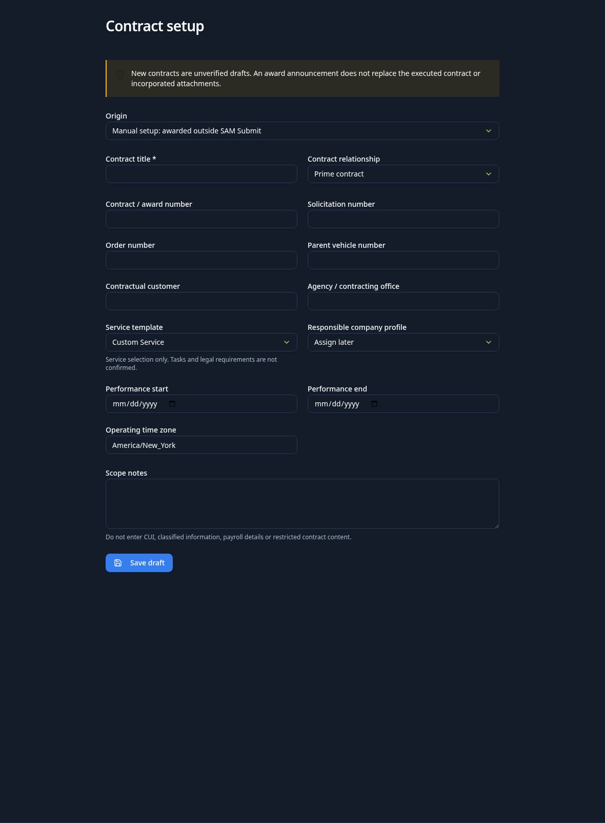 Perform contract setup in dark mode with blank source and award fields