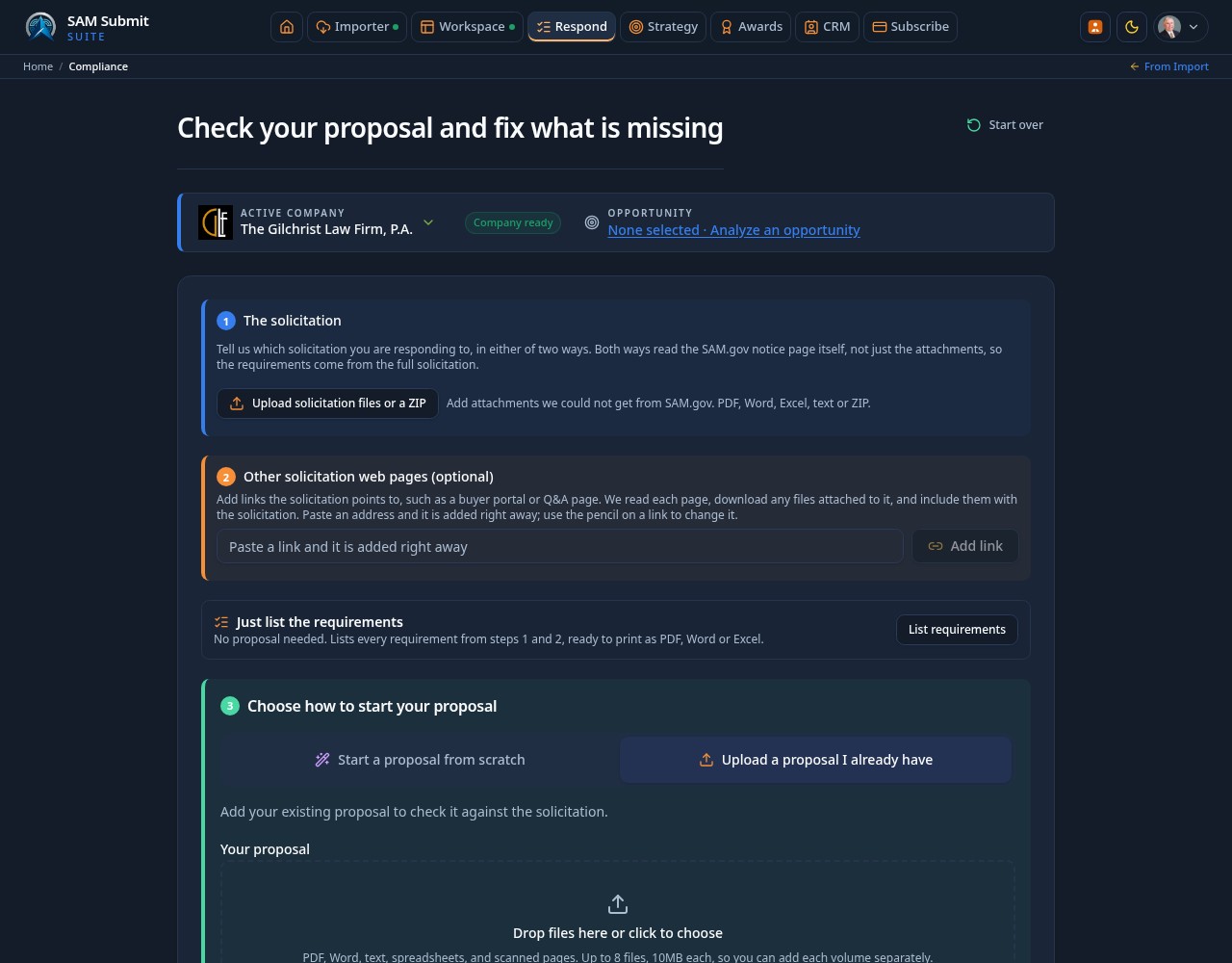Respond: Check and Fix Your Proposal, privacy-safe dark-mode screen