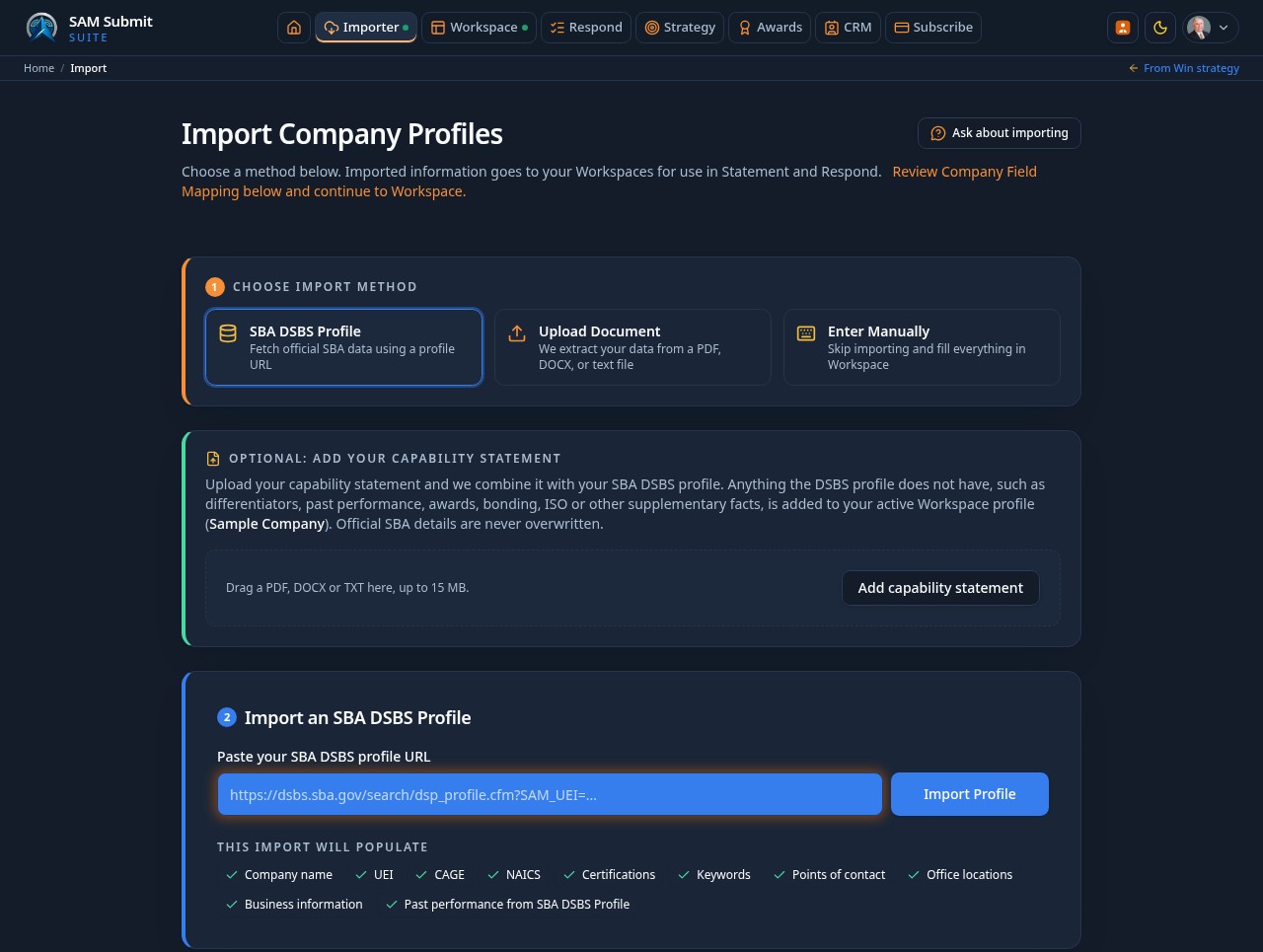 The Import screen showing search options for company data