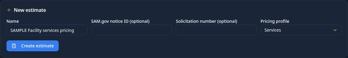 New pricing estimate form in dark mode with a fictional sample facility-services name