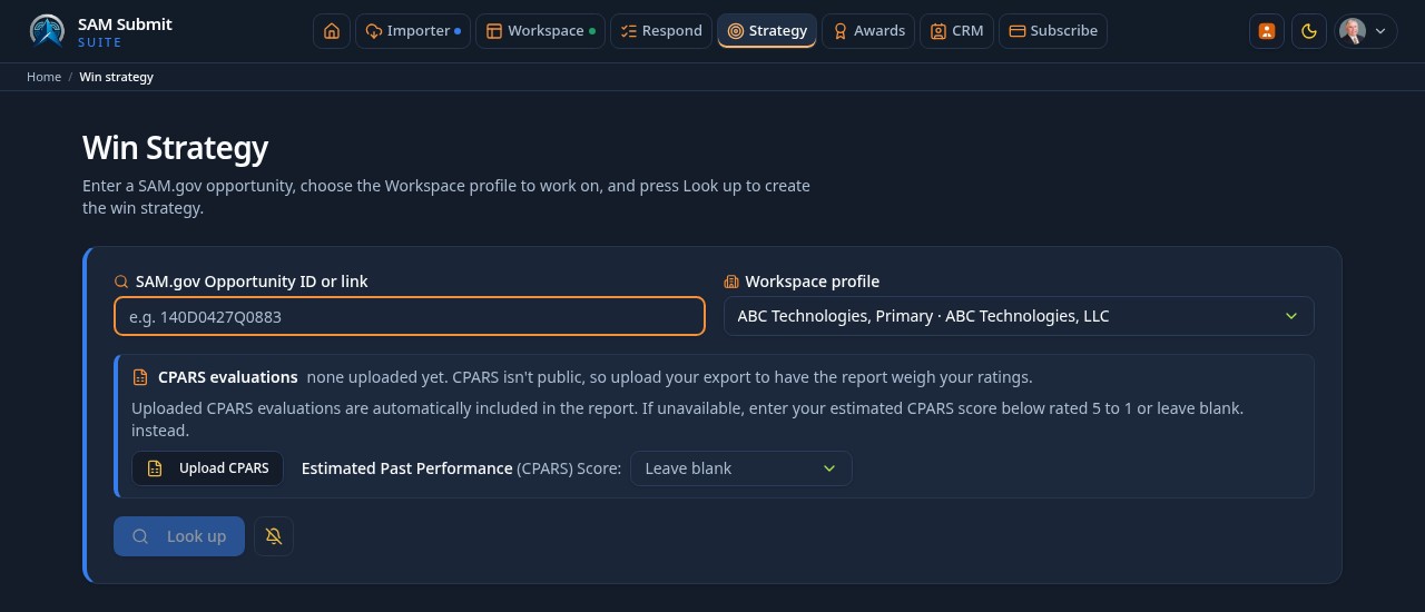 Win Strategy in dark mode with opportunity input, profile selector and CPARS alternatives