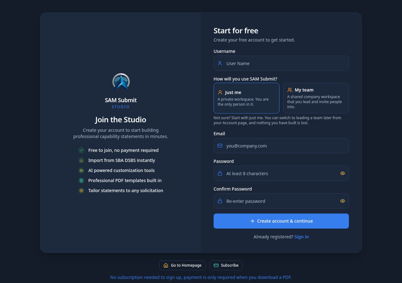 The SAM Submit sign up screen with the join panel and registration form