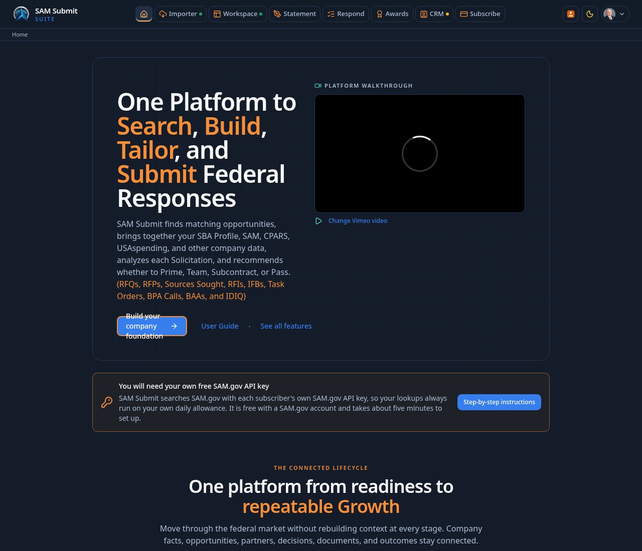 The signed-in SAM Submit contracting landing page