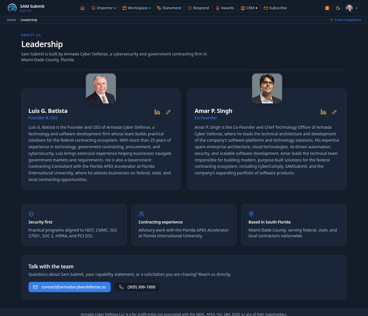 The Leadership page showing team member cards with photo, title, bio, and LinkedIn link